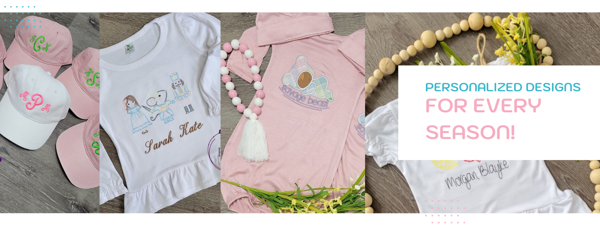collage of custom embroidered baby clothing and hats